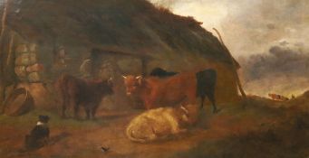 James Roberts (19th C.)oil on canvasHighland cattle and a collie beside a stone barnsigned53 x