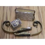 A pair of Empire style gilt metal curtain pole brackets, length 35cm and a Victorian mother of pearl