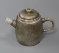 A 19th century Chinese pewter and jade mounted Yixing teapot height 10cm