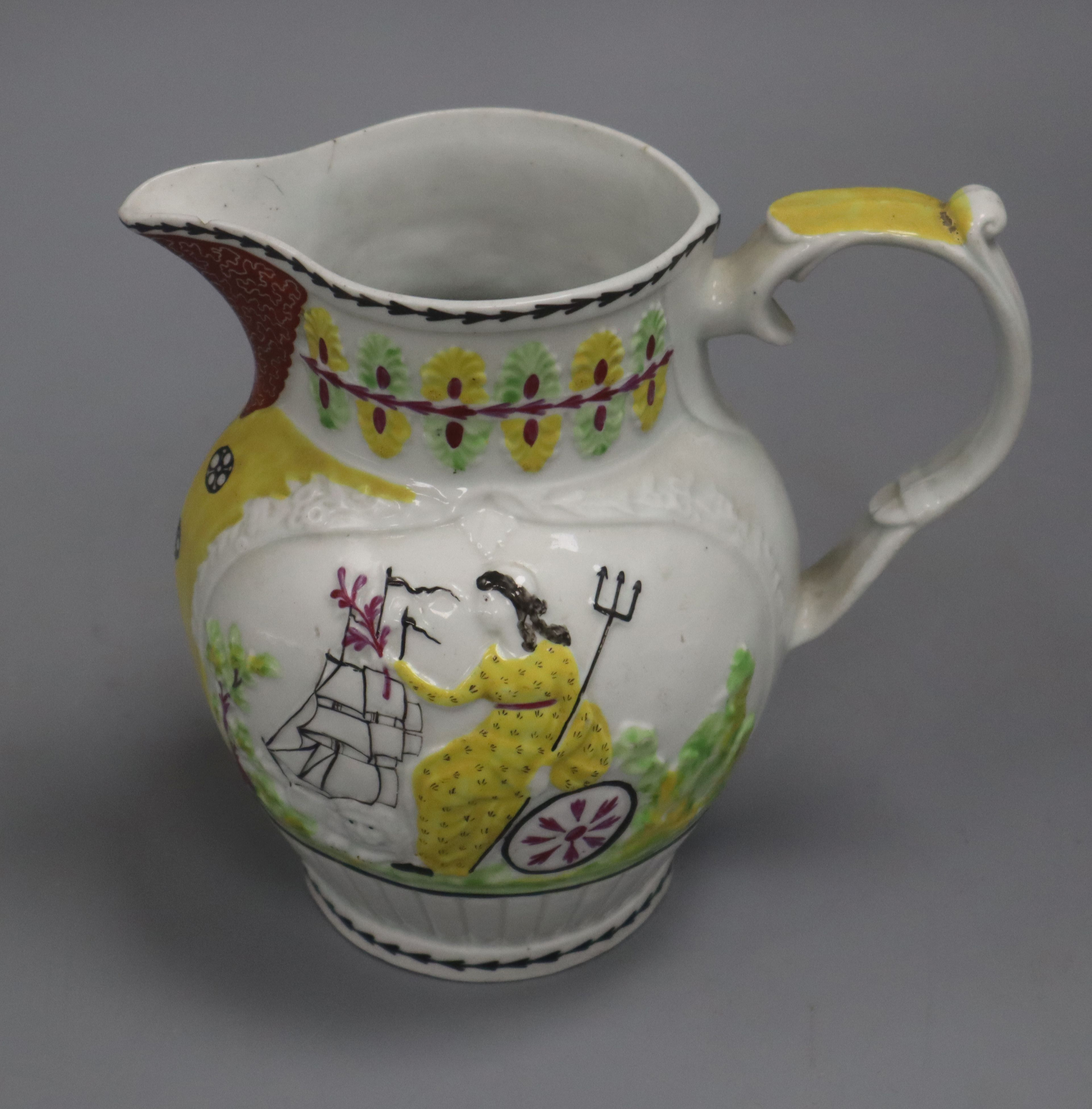 An unusual Liverpool Britannia jug (in imitation of a Prattware jug) height 15cm