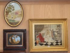 Three Georgian silkwork panels, one of a classical scene depicting a child and emperor Largest