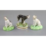 Three Derby porcelain figures of a greyhound and two pointers, c.1830, each on an oval base,