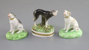 Three Derby porcelain figures of a greyhound and two pointers, c.1830, each on an oval base,