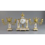 A Louis XVI style white marble and gilt-bronze garniture de cheminee, the portico-style clock with