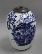 A 19th century Chinese blue and white 'lotus' jar, wood cover height 30cm