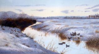 Philip Rickman (1891-1982), watercolour and gouache, Mallard in a wintery river landscape, signed,