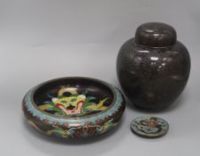 Two Chinese cloisonne enamel 'dragon' dishes and a cloisonne enamel jar and cover tallest 23cm