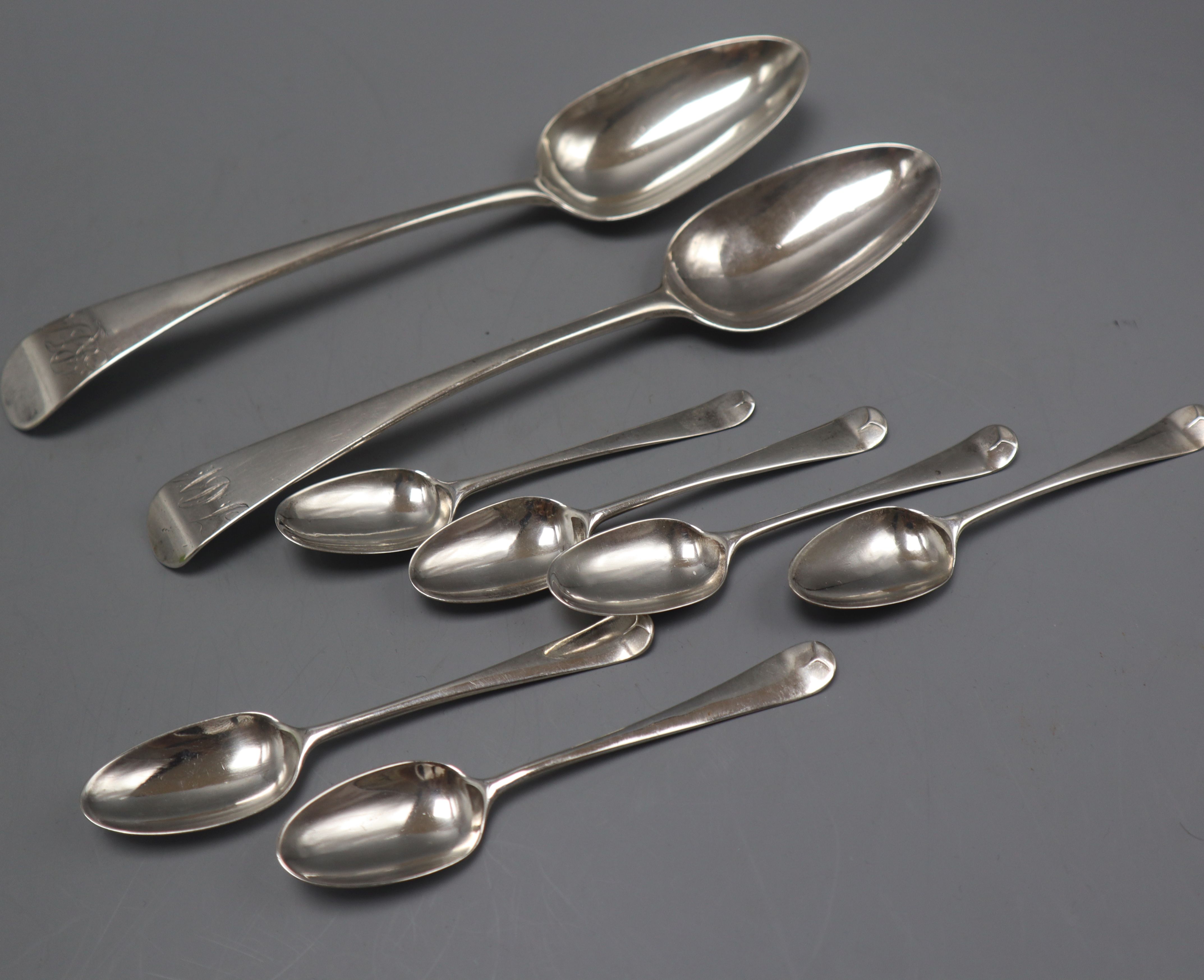 Two 18th century silver Old English pattern tablespoons, London, 1759 & 1796 and a set of six