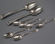Two 18th century silver Old English pattern tablespoons, London, 1759 & 1796 and a set of six