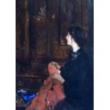John Da Costa (1866-1931), 'Lady Sewing', gallery label verso, oil on board, 30 x 23cm