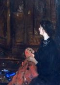 John Da Costa (1866-1931), 'Lady Sewing', gallery label verso, oil on board, 30 x 23cm