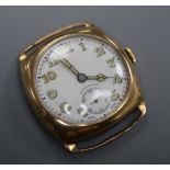 A gentleman's 1940's? 9ct gold Longines manual wind wrist watch (no strap).