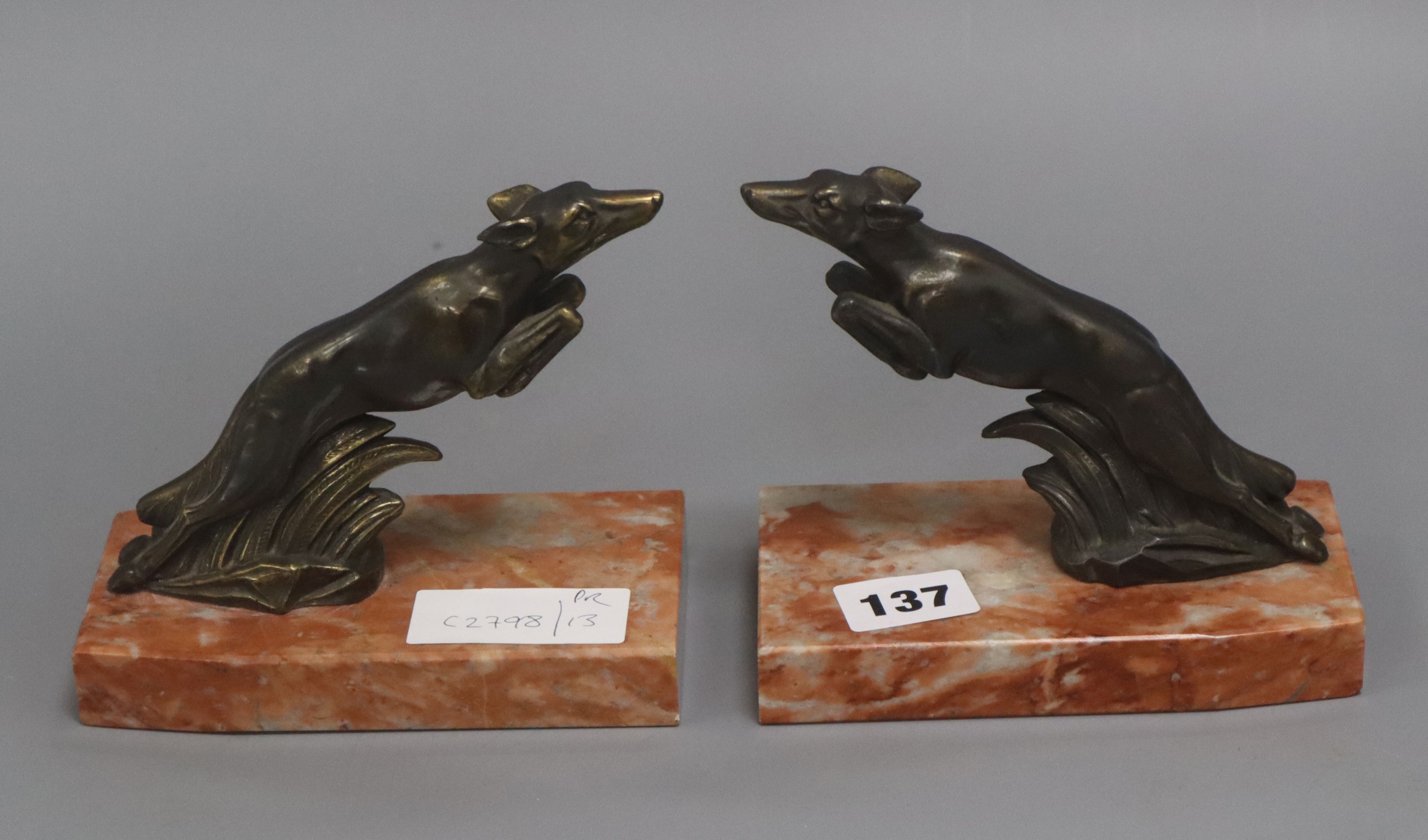 A pair of French bronzed spelter greyhound bookends