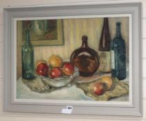 Henryk Gotlib (1890-1966)oil on boardStill life of fruit and bottles on a table topsigned, Ex. Frank