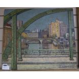 R. Kato (Japanese) oil on canvas, Cityscape, signed with label, 45 x 53cm, unframed