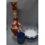 A cloisonne pot, a Japanese vase and blue and white stand