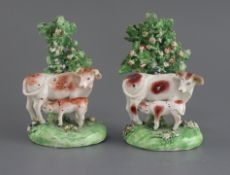 Two similar Derby groups of a cow and calf, c.1820-40, each standing before bocage, on flower