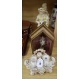 A French porcelain inkstand and a pair of bisque figures and another cased figure.
