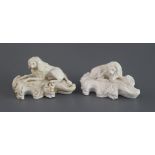 Two Derby porcelain figures of recumbent poodles, c.1825-45 glazed example with red crowned 'D'