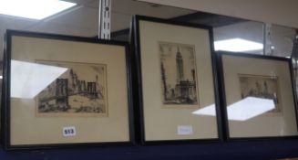 E.Hausen, three etchings of New York, signed, largest 18 x 12cm.