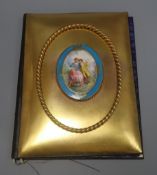 A Sevres style gilt metal mounted blotter with oval porcelain plaque 28cm