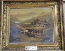 19th century English School, oil on board, Cattle and cottage in a landscape, 23 x 28cm