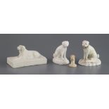 Three Derby porcelain figures of dogs c.1810-1850 and a King St works springer spaniel, c.1870