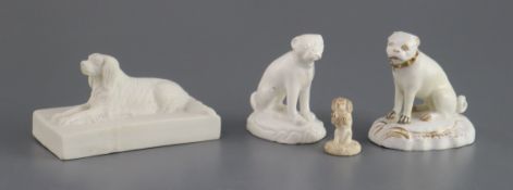 Three Derby porcelain figures of dogs c.1810-1850 and a King St works springer spaniel, c.1870