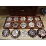 Fifteen pot lids including Alas Poor Bruin and bear hunting in a mahogany box