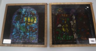 Two framed designs for stained glass windows, one after Matisse 27cm sq.