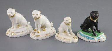 Four Derby porcelain figures of seated pug dogs, c.1830, three in gilt and white and one in black on