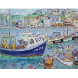 Linda Weir (1949-)oil on canvas'Men coming home, St Ives Harbour, June 08'initialled and dated36 x