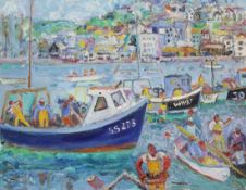 Linda Weir (1949-)oil on canvas'Men coming home, St Ives Harbour, June 08'initialled and dated36 x