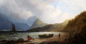 Attributed to Thomas Luny (1759-1837)oil on canvasExtensive coastal landscape with fisherfolk on the