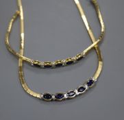 An 18ct gold, sapphire and diamond-set necklace, the five sapphires and six diamonds in rubover