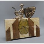 A French Art Deco marble mantel clock, with a cold painted fairy mount height 34cm