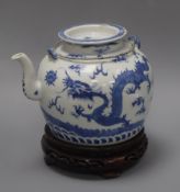 A Chinese blue and white 'dragon' teapot, Daoguang, on carved wooden stand overall height 21cm
