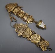 An 18th century Continental gilt metal chatelaine, with mother of pearl inlaid thimble case and