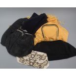 Four lady's evening bags, a scarf and a pair of evening gloves