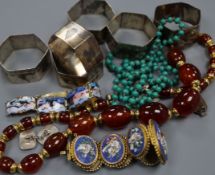 Mixed items including micro mosaic bracelet, 6 white metal napkin rings, and enamelled bracelet,