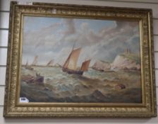 Late 19th century English School, oil on canvas, Fishing boats setting out, indistinctly signed