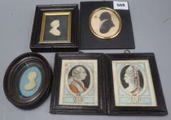 A pair of reverse prints on glass of George II and Queen Charlotte, a silhouettes and two other