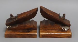 'J.Perard' A pair of carved oak speedboat bookends