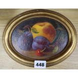 Natalie Music, oil on board, Still life of fruit, initialled, 12 x 16cm