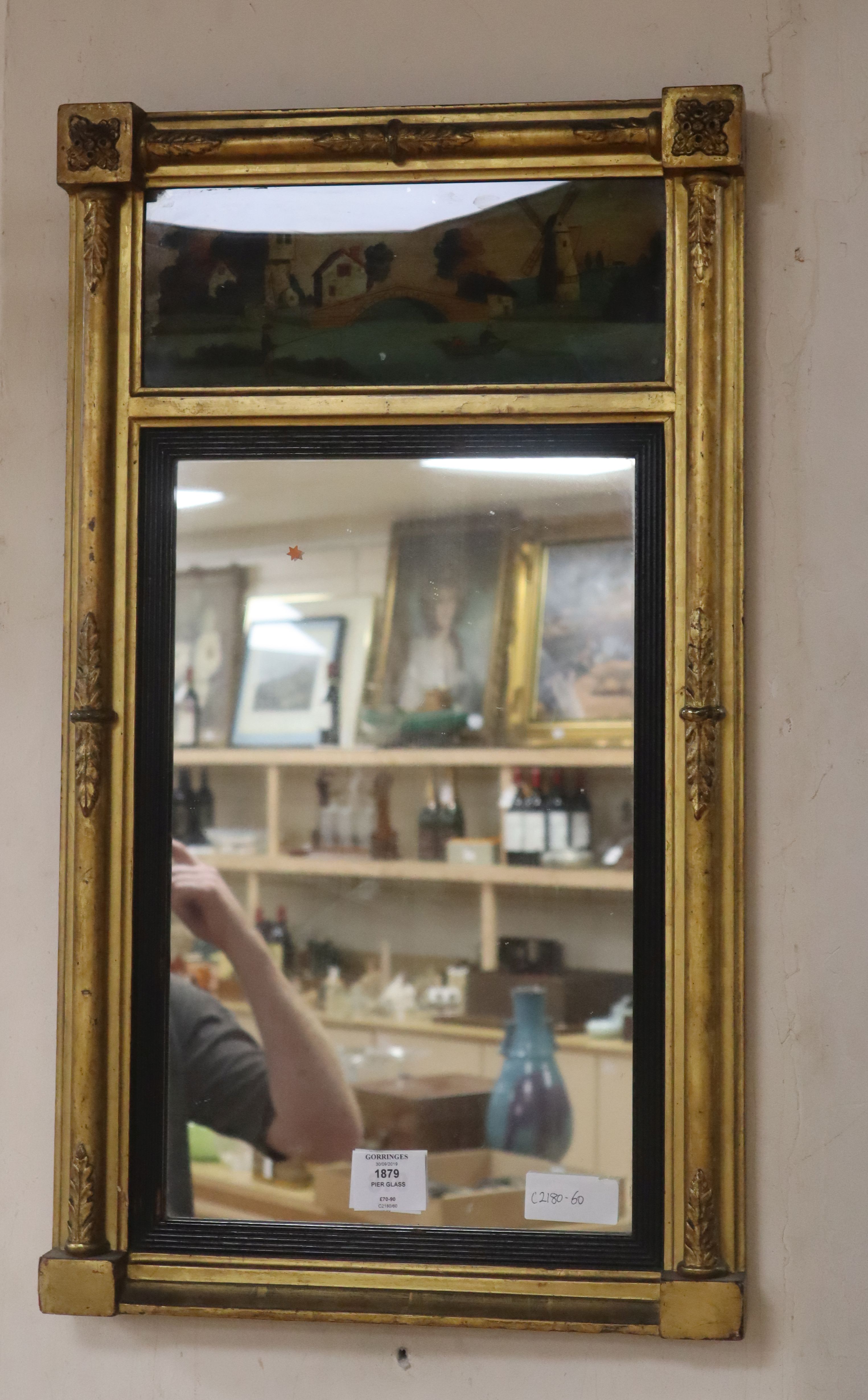 A small Regency gilt frame pier glass, with reverse painted frieze of a windmill in landscape H. - Image 2 of 2