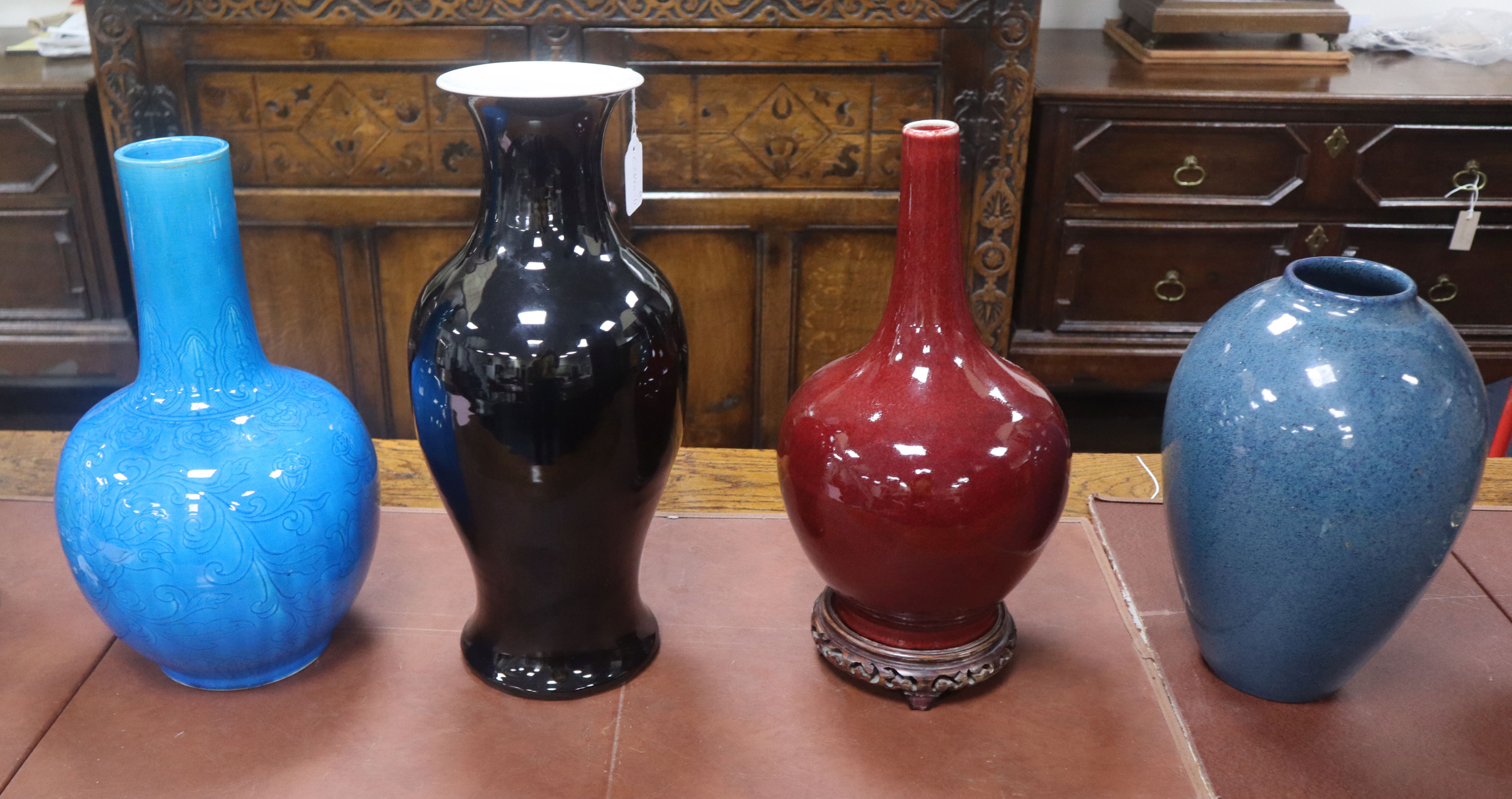 Three Chinese monochrome glaze vases and a robin's egg glaze vase tallest 44cm