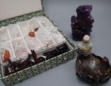 A Chinese amethyst quartz vase, an agate brush washer, enamelled glass snuff bottle etc.