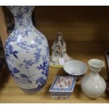 Japanese ceramics: a blue and white vase, a figure of Kwannon, an Imari bowl and a bottle vase,