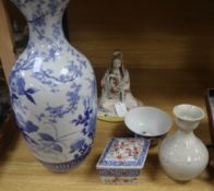 Japanese ceramics: a blue and white vase, a figure of Kwannon, an Imari bowl and a bottle vase,