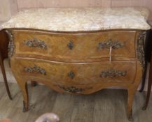 A Louis XV design marble top marquetry bombe commode W.114cm